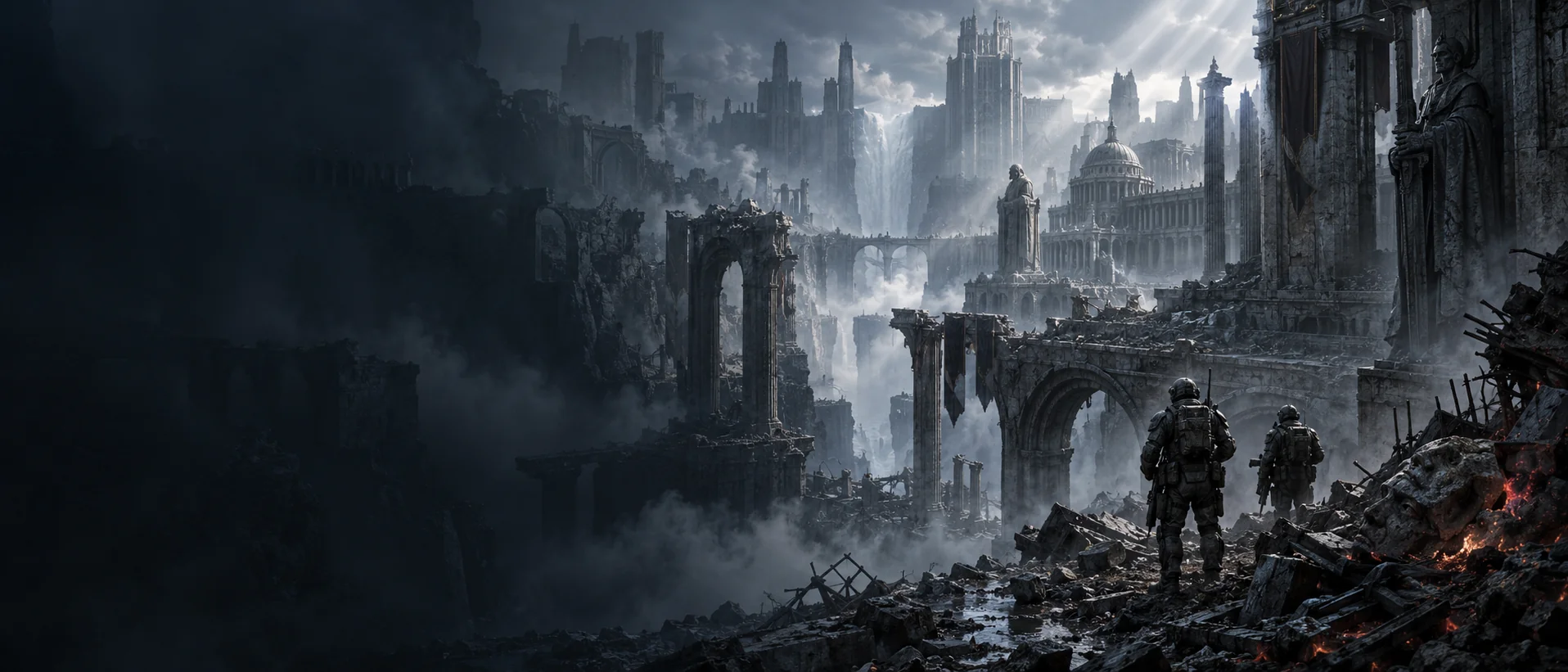 Original fan illustration: armored soldiers overlooking a ruined city