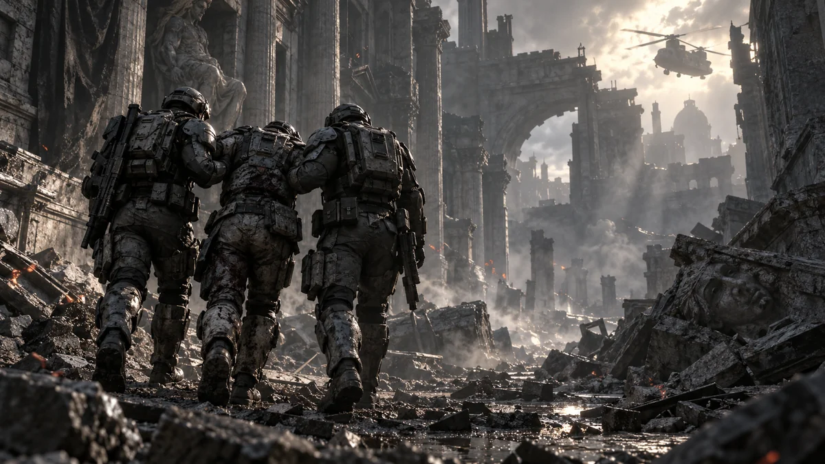 Original fan illustration: soldiers helping an injured teammate toward a distant transport